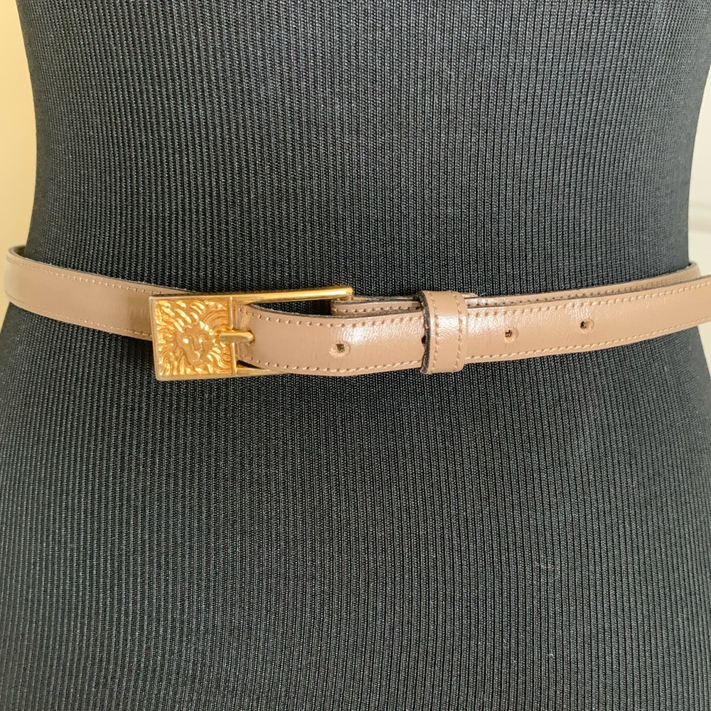 Anne Klein Taupe And Gold Buckle Logo Skinny Leather Belt Size M
